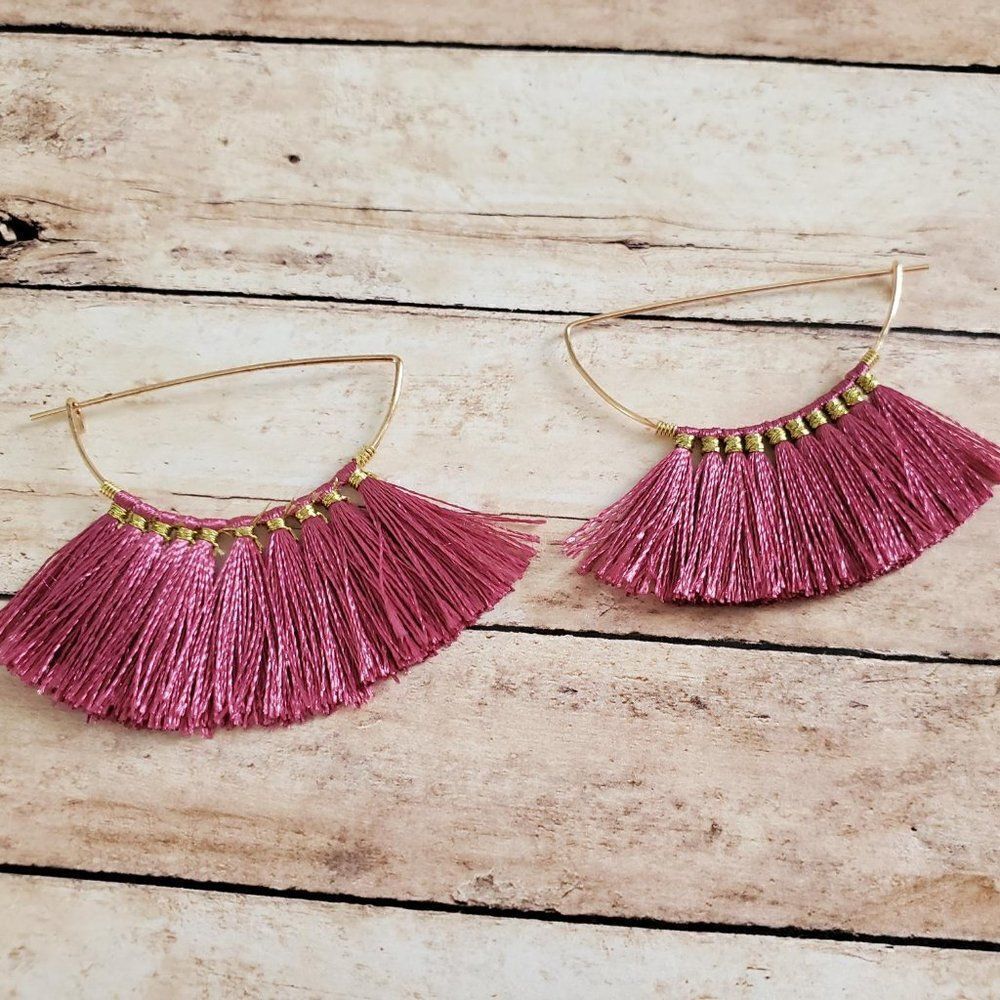 Gold Pink Tassel Hoop Earrings, Boho Fashion, Hoop Earrings
